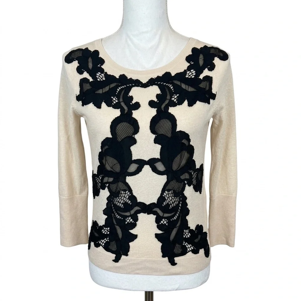 DIANE VON FURSTENBERG Shana Wool blend Sweater Ivory with Black Lace Appliqué S